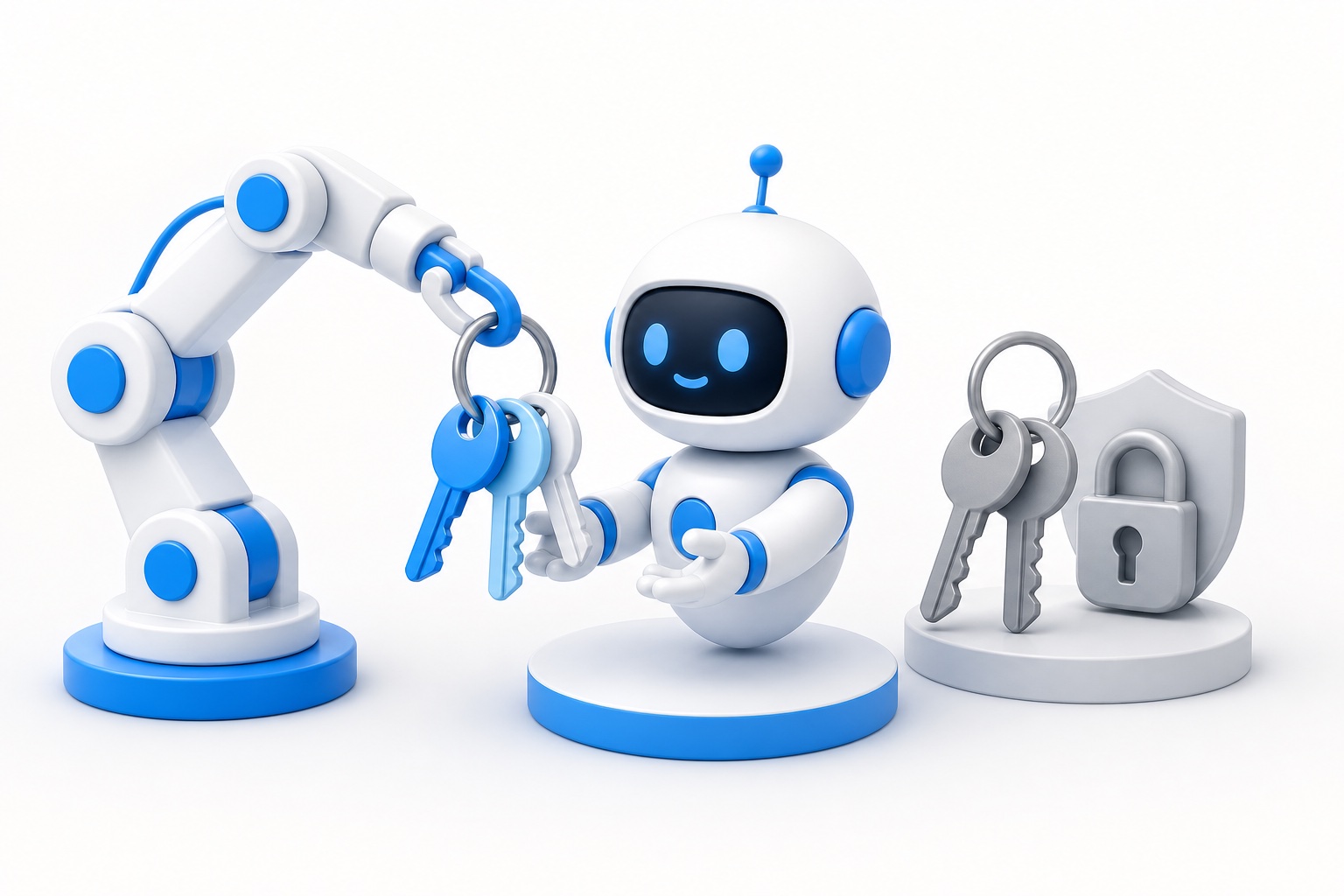 初日の新人ロボットに、渡す鍵と渡さない鍵が分けられた鍵束が手渡されるイラスト