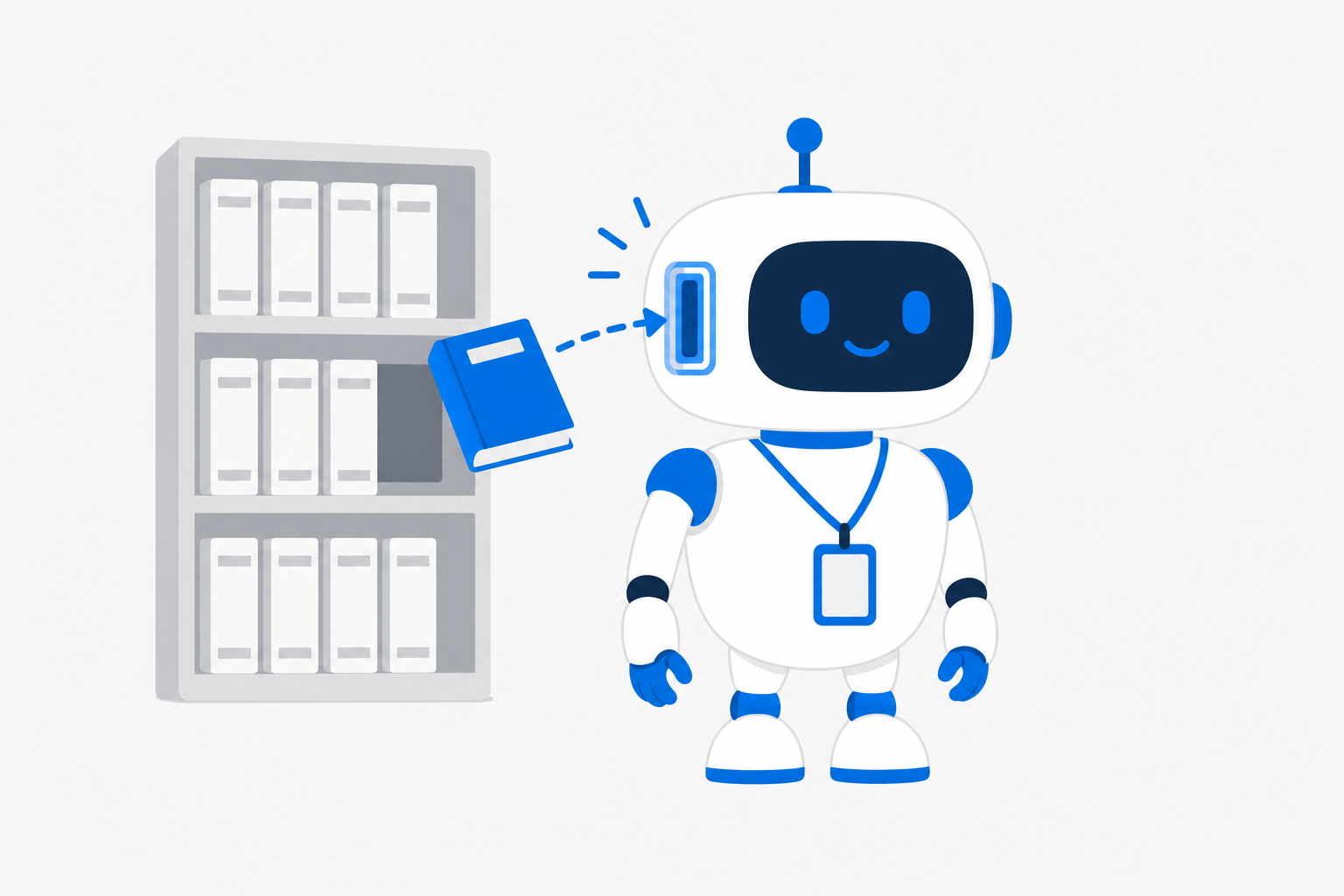 棚から必要な一冊だけを取り出す新人ロボットのイラスト