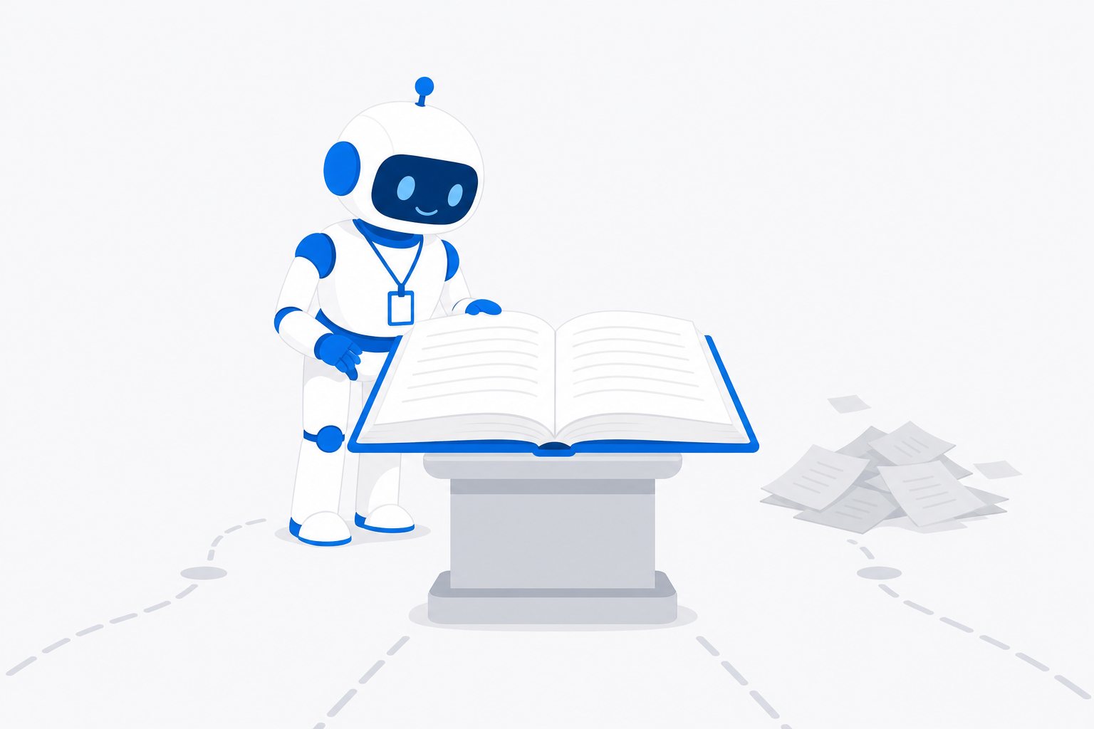 新人ロボットが1冊の光る正典の手引きを読むイラスト。散らばった紙と対照的