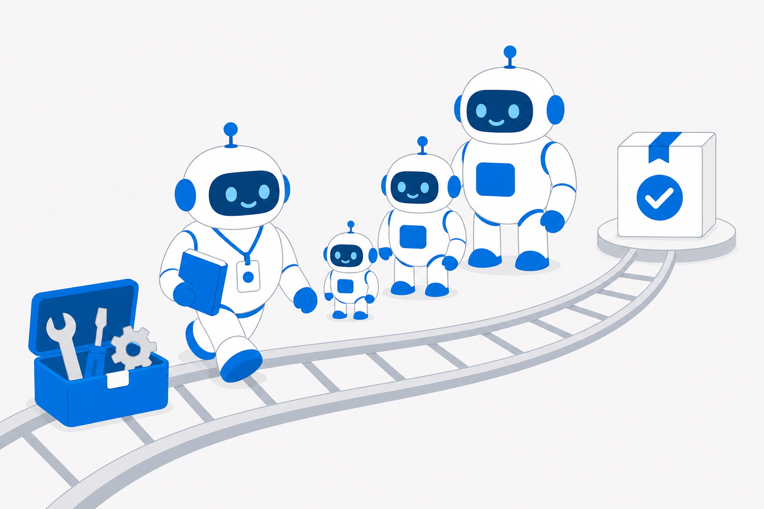 手引きと道具箱、大きさの違う専門家ロボット、レールの先に届いた成果物のイラスト
